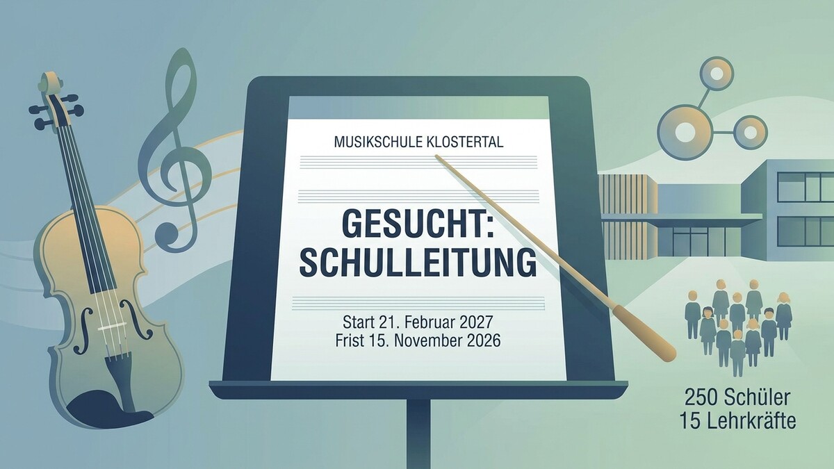 Musikschule Klostertal sucht Schulleitung, Geige, Notenblatt mit Text, Gebäude, Schüler und Lehrkräfte