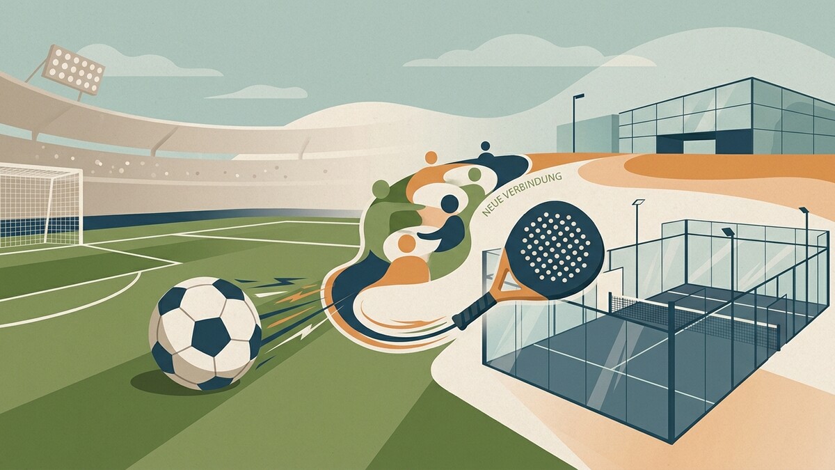 Fußballstadion, Padel-Tennisplatz und abstrakte Figuren mit Text "Neue Verbindung"