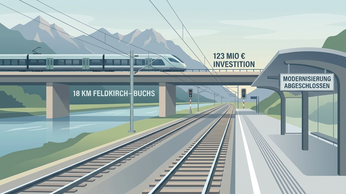Bahnstrecke Feldkirch-Buchs mit Zug und Bahnhof, 123 Mio. € Investition