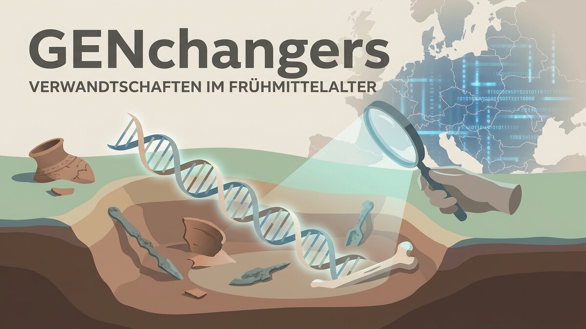 GENchangers: Verwandtschaften im Frühmittelalter mit DNA-Strängen, Artefakten und Lupe über Europa