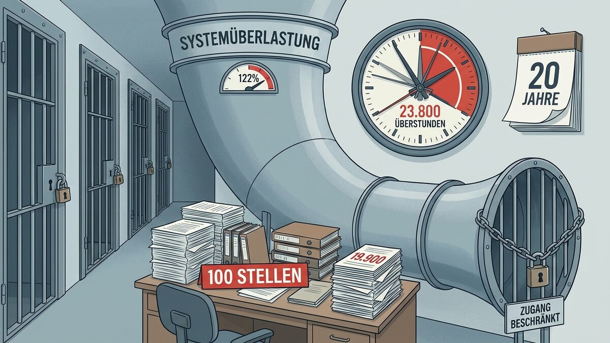 Systemüberlastung mit 122%, 23.800 Überstunden und 19.900 Akten auf einem Schreibtisch mit 100 Stellen.