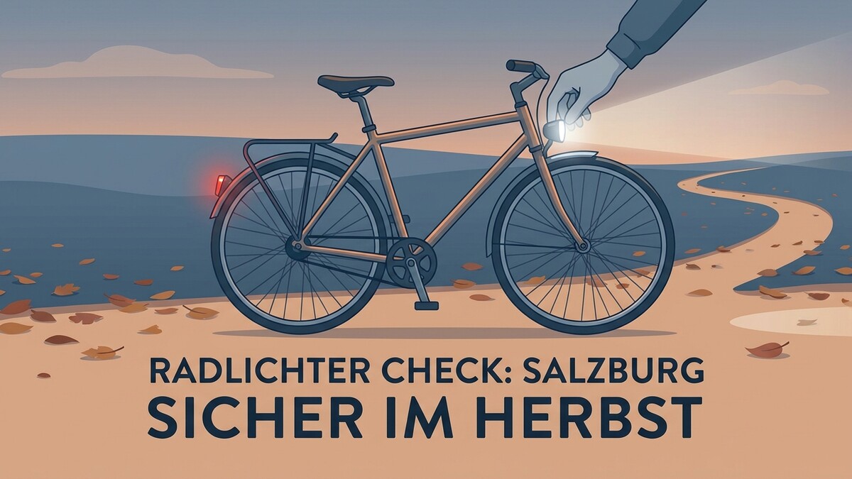 Radlicht-Check Salzburg: Eine Hand schaltet das Fahrradlicht ein, Herbstlaub liegt am Weg