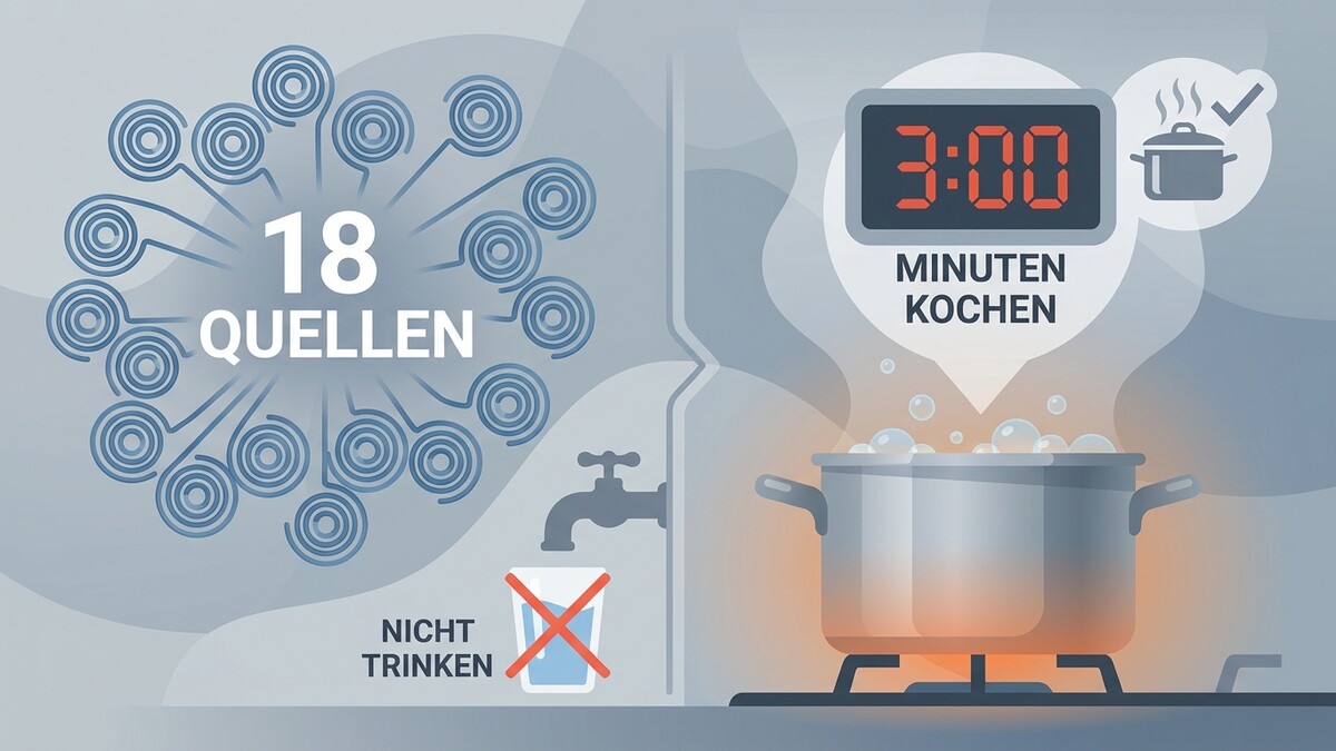 18 Quellen nicht trinken: Kochtopf mit sprudelndem Wasser, 3 Minuten kochen