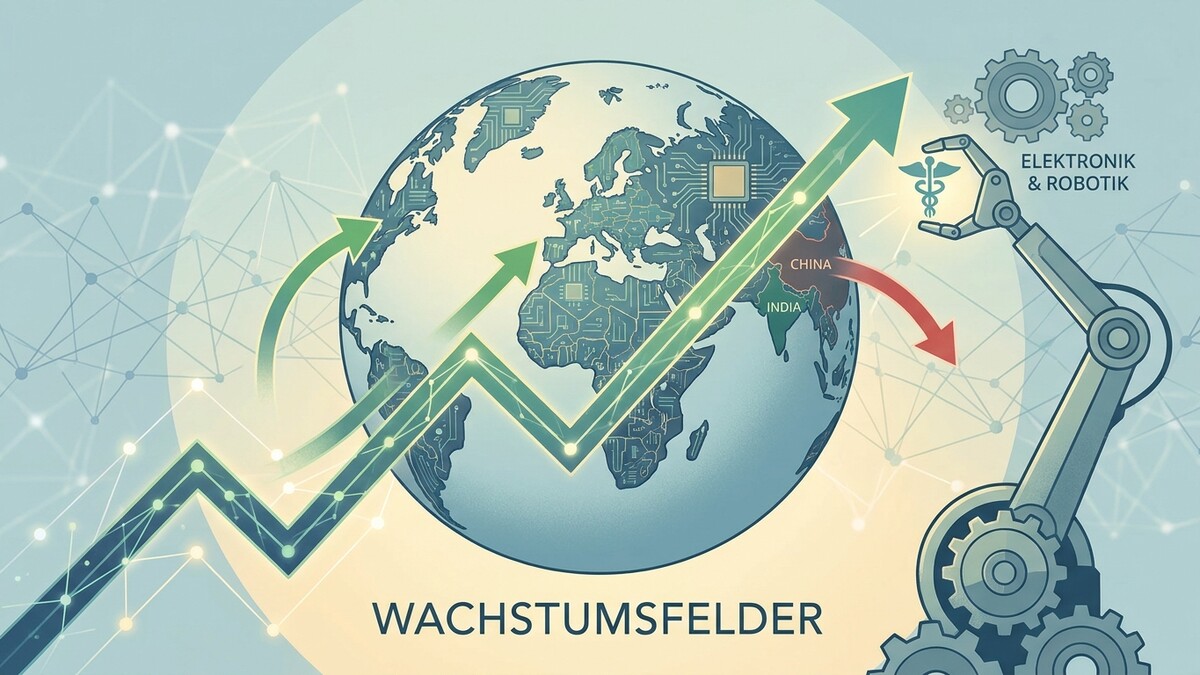Wachstumsfelder: Erde mit Elektronik-Schaltkreisen, Pfeile und Roboterarm mit Caduceus.