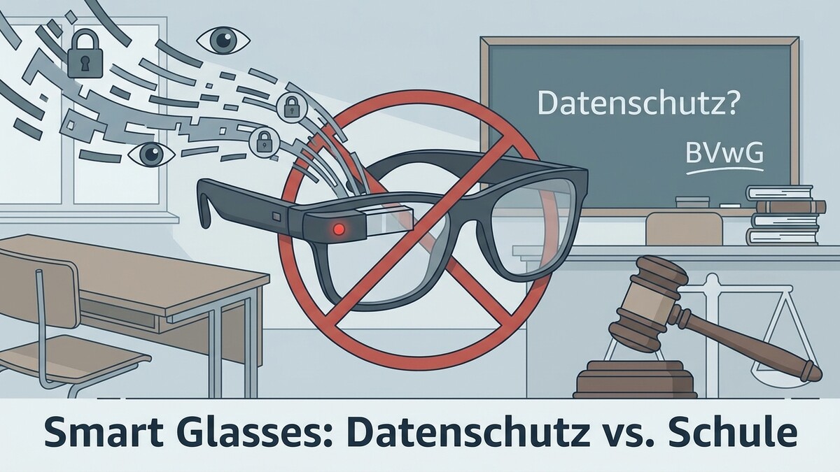 Datenschutz Smart Glasses in Schule mit Verbotssymbol, Augen und Schlössern