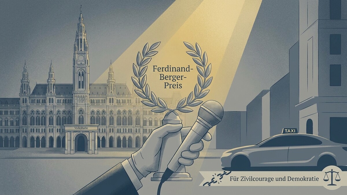 Ferdinand-Berger-Preis vor Wiener Rathaus mit Mikrofon und Taxi