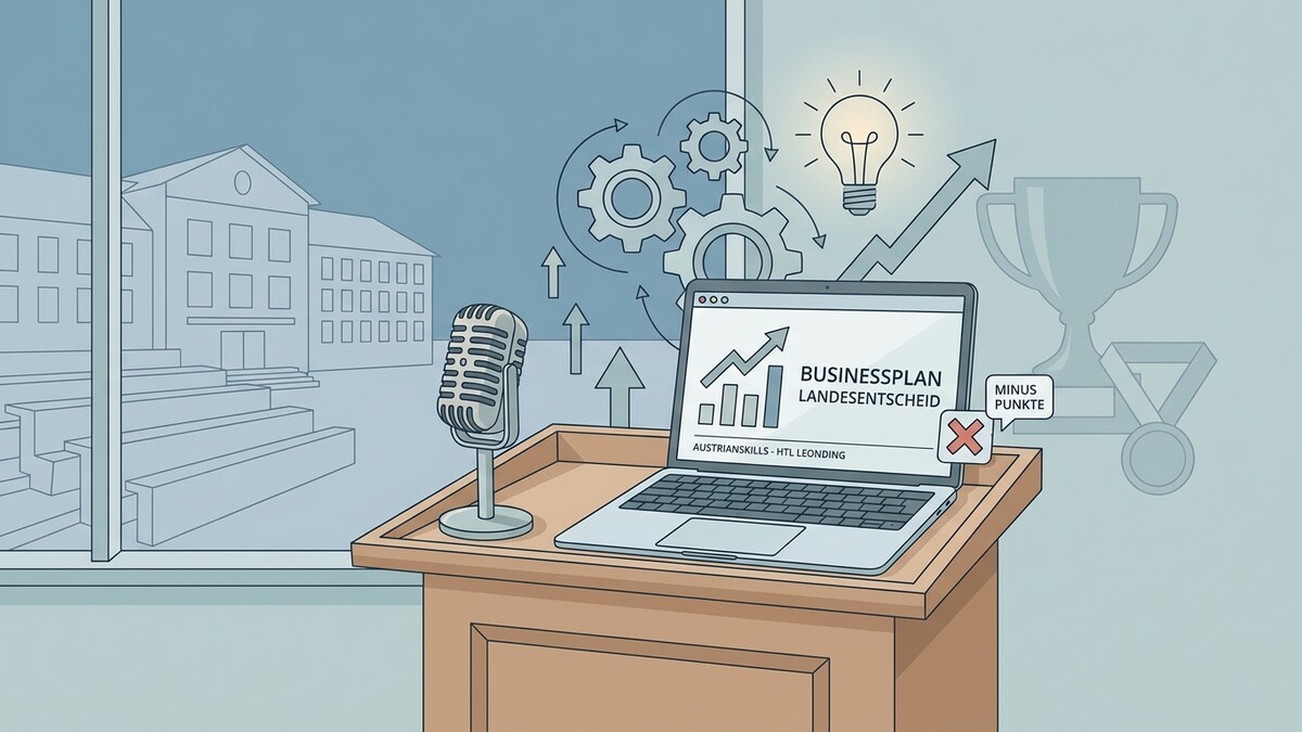 Businessplan Landesentscheid auf Laptop mit Mikrofon und Pokal, HTL Leonding