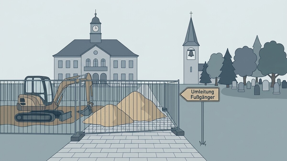 Baustelle mit Bagger und Umleitungsschild für Fußgänger vor Kirche und Friedhof