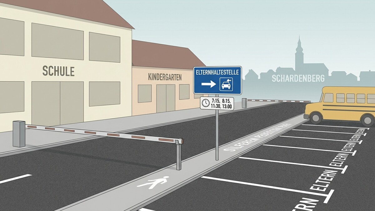 Elternhaltestelle mit Schranke bei Schule und Kindergarten in Schardenberg
