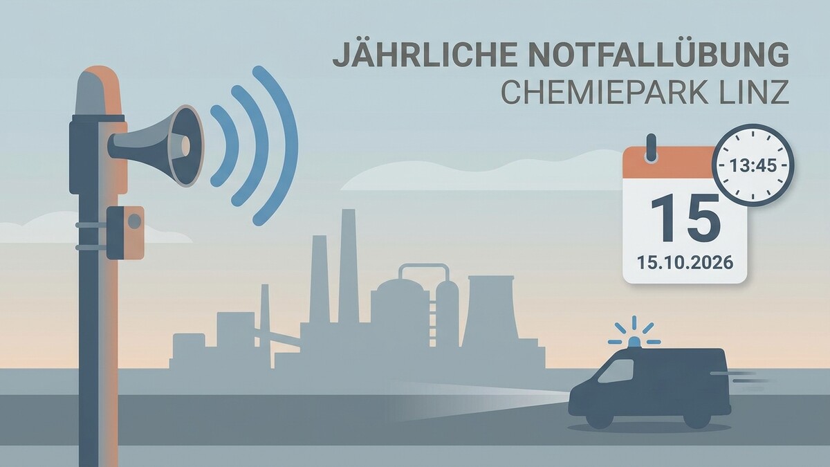 Notfallübung Chemiepark Linz am 15.10.2026, 13:45 Uhr mit Sirene und Einsatzfahrzeug
