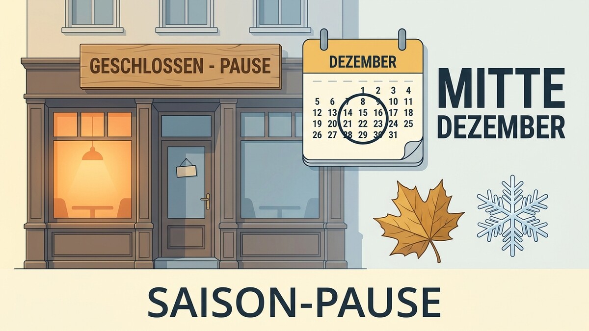 Saison-Pause: Geschäft geschlossen Mitte Dezember, Kalenderblatt Dezember, Herbstblatt, Schneeflocke