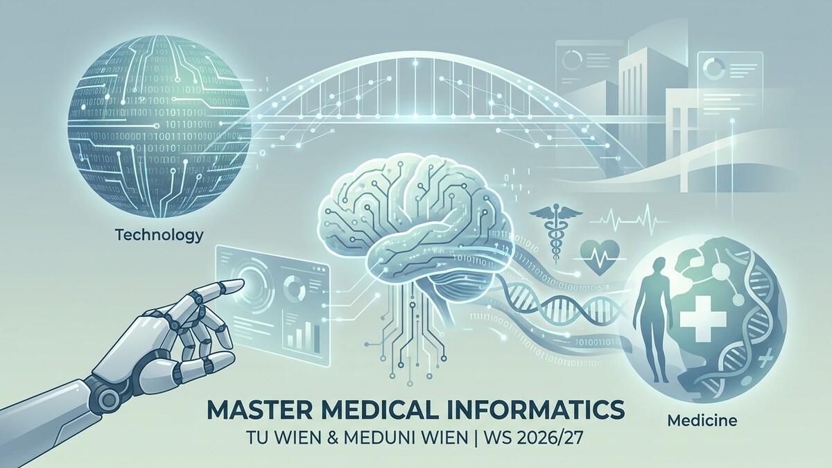 Master Medical Informatics TU Wien & Meduni Wien WS 2026/27 mit Gehirn, Roboterarm und Medizin-Symbolen