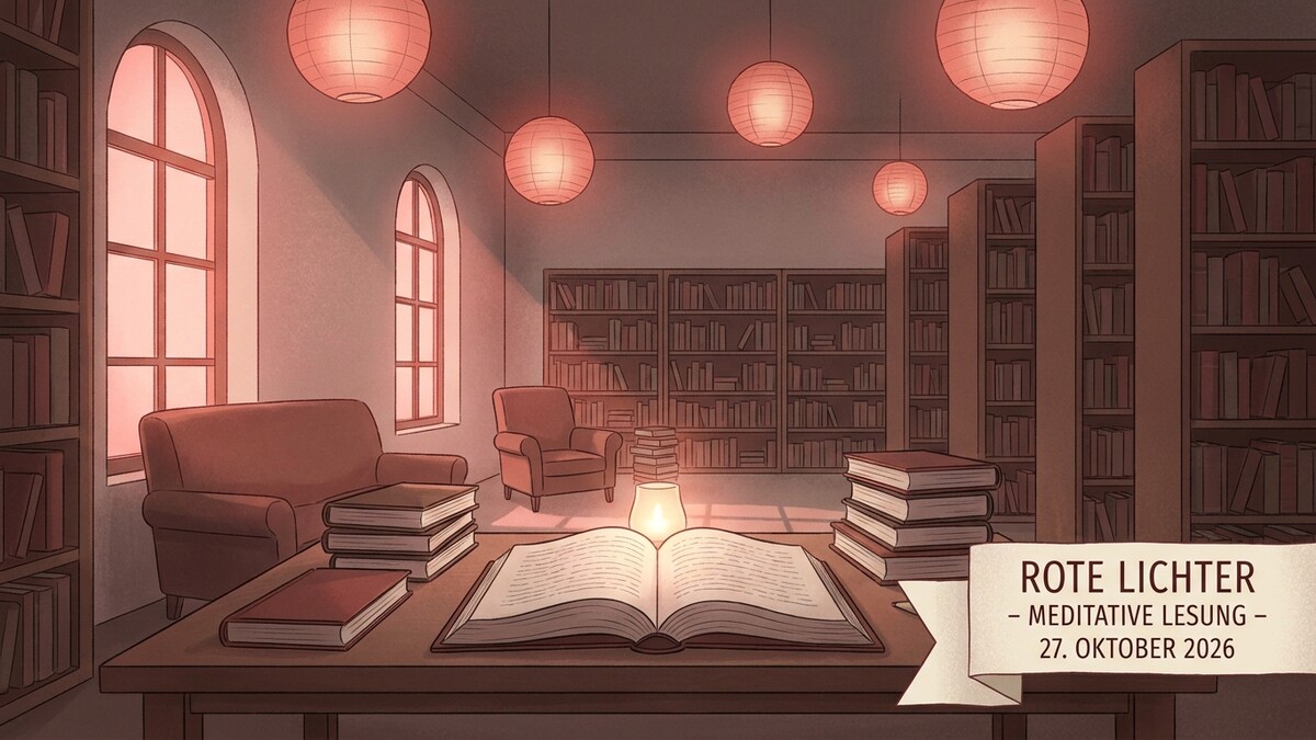 Bibliothek mit Büchern, Sitzmöbeln und Kerzenlicht, rote Lichter – meditative Lesung, 27. Oktober 2026