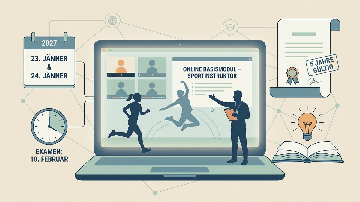 Online Basismodul Sportinstruktor: Kalender mit 23./24. Jänner, Uhr mit 10. Februar, Laptop mit Sportlern und Trainer