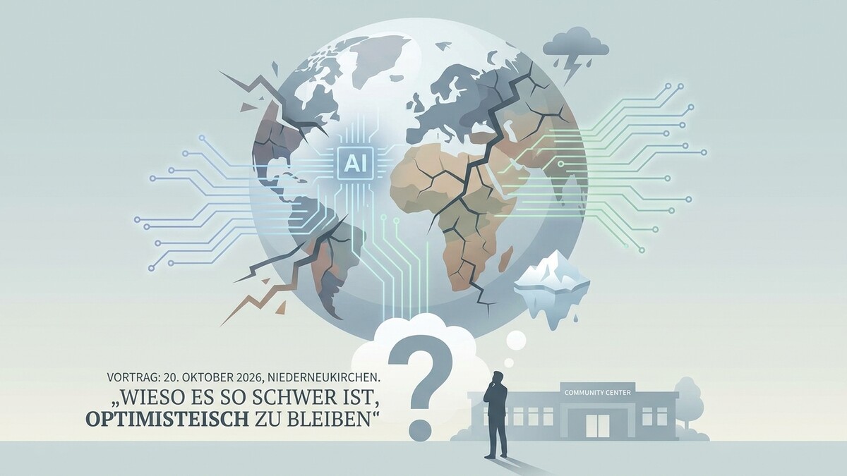 KI-gesteuerte zerbrochene Erde mit Gewitterwolke und Eisberg über einem fragenden Mann und einem Community Center.