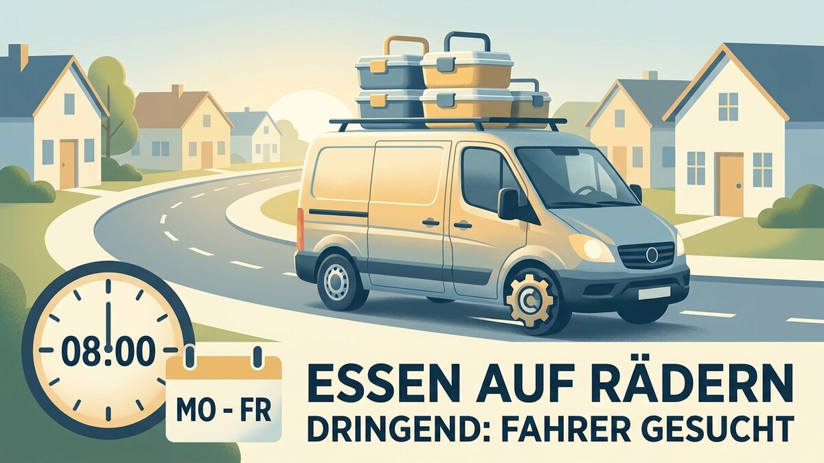 Essenslieferdienst gesucht: Gelber Lieferwagen mit Koffern auf dem Dach vor Häusern.