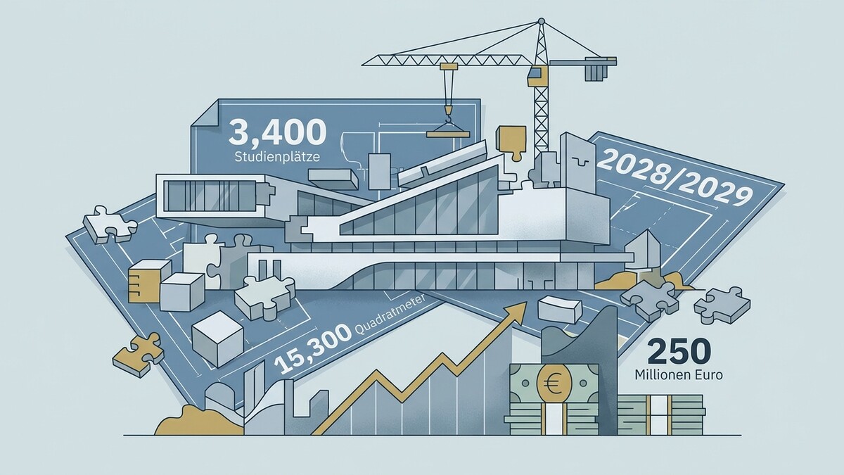 Bauprojekt mit Bauplan, Kran, 3.400 Studienplätzen, 15.300 m², 250 Mio. Euro und 2028/2029
