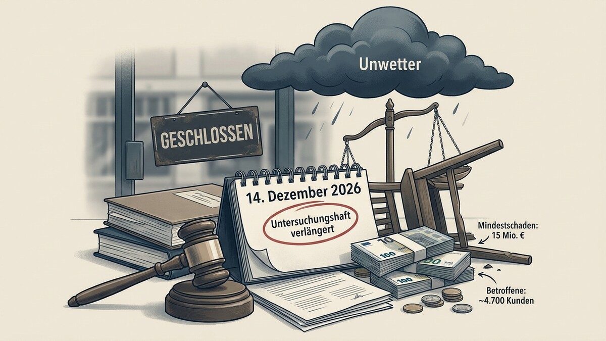 Untersuchungshaft verlängert: Kalenderblatt mit Datum 14. Dezember 2026, Waage, Geld und Bücher.
