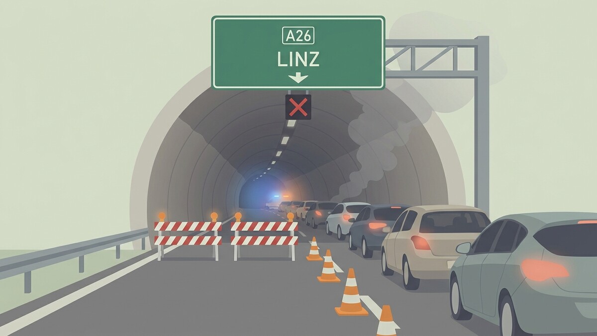 Tunnel-Sperre bei Linz: Stau vor dem Tunnel mit rotem X und Baustellenabsperrung