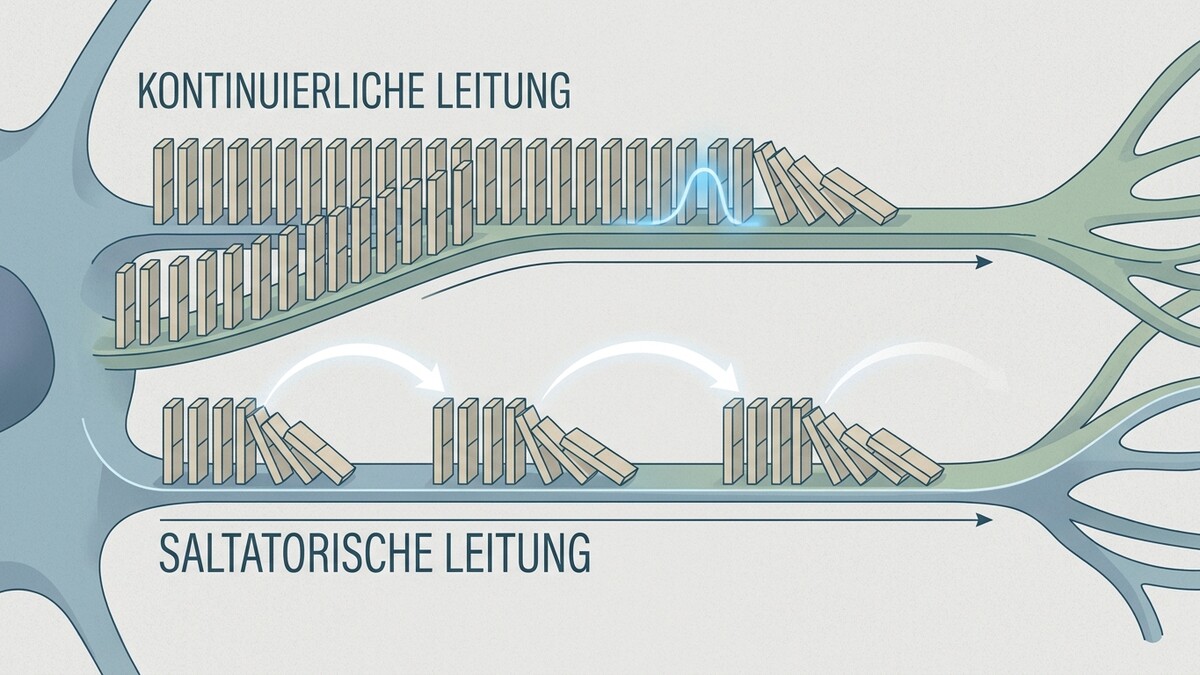 Saltatorische und kontinuierliche Leitung im Nervensystem, dargestellt mit Dominosteinen