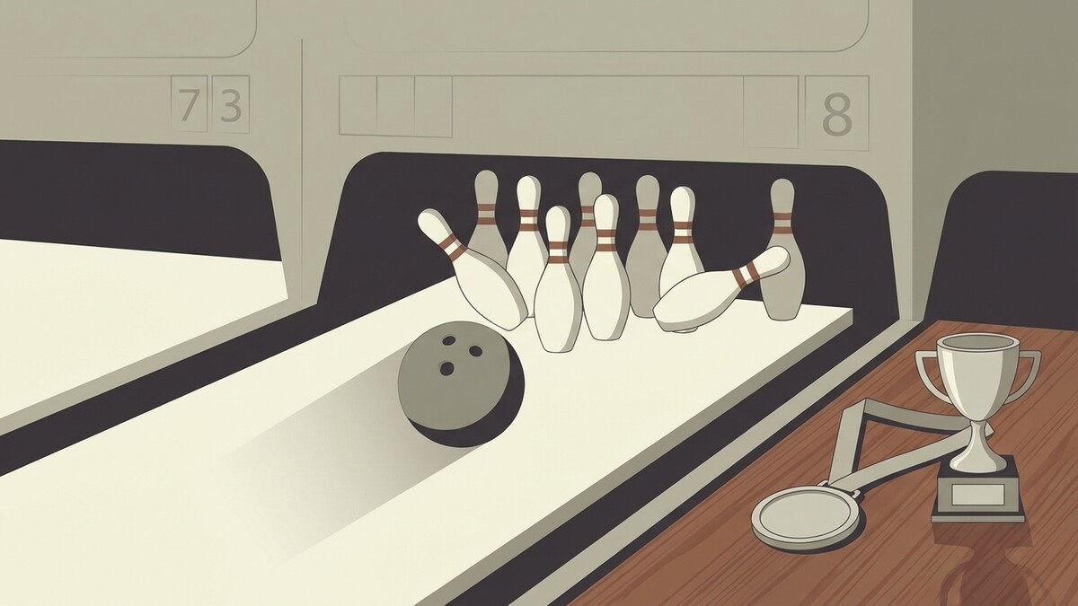 Bowlingkugel und Kegel auf Bahn mit Pokal und Medaille daneben