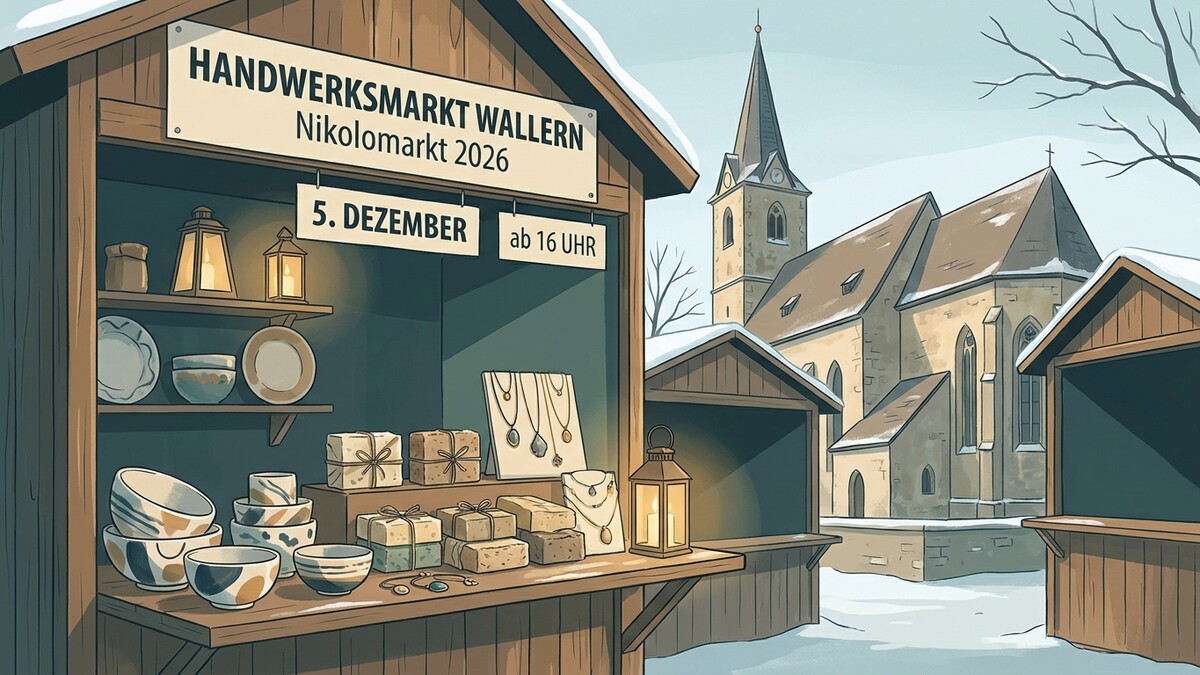 Handwerksmarkt Wallern am Nikolomarkt 2026 mit Kirche und Marktständen im Schnee