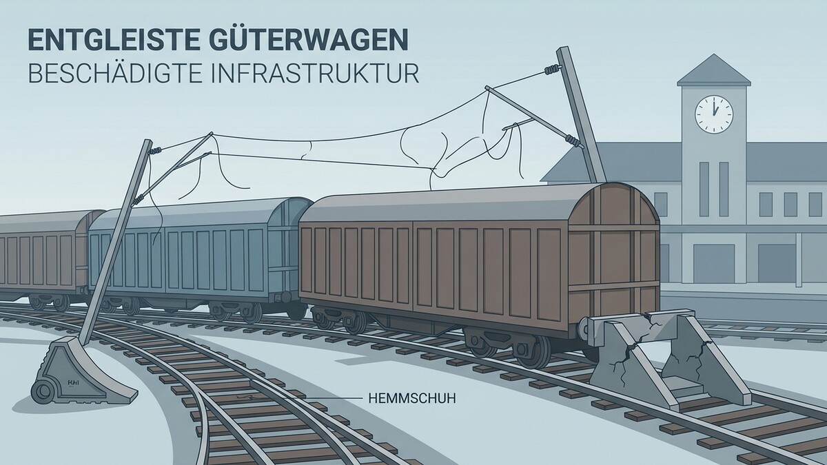 Entgleiste Güterwagen mit beschädigter Oberleitung und Gleisinfrastruktur vor Bahnhof