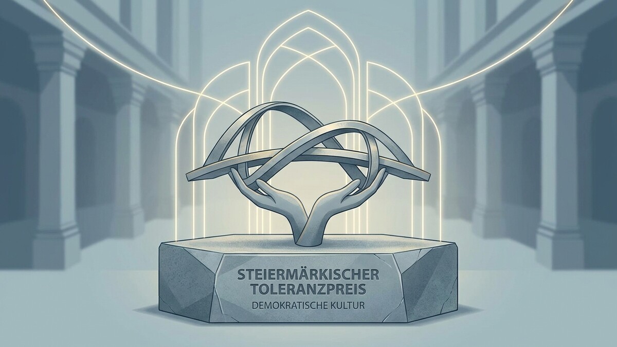 Steiermärkischer Toleranzpreis mit Händen, die ein abstraktes Objekt halten, vor Säulen