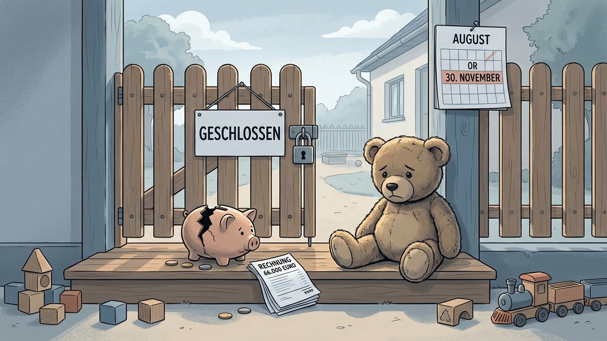 Teddybär und zerbrochene Sparschwein vor geschlossener Gartentür mit Rechnung