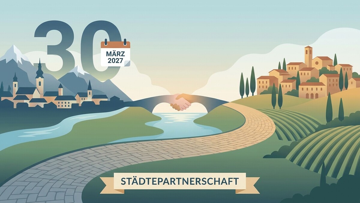 Städtepartnerschaft: Händeschütteln über Brücke, zwei Städte, Berge, Weinberge, 30. März 2027
