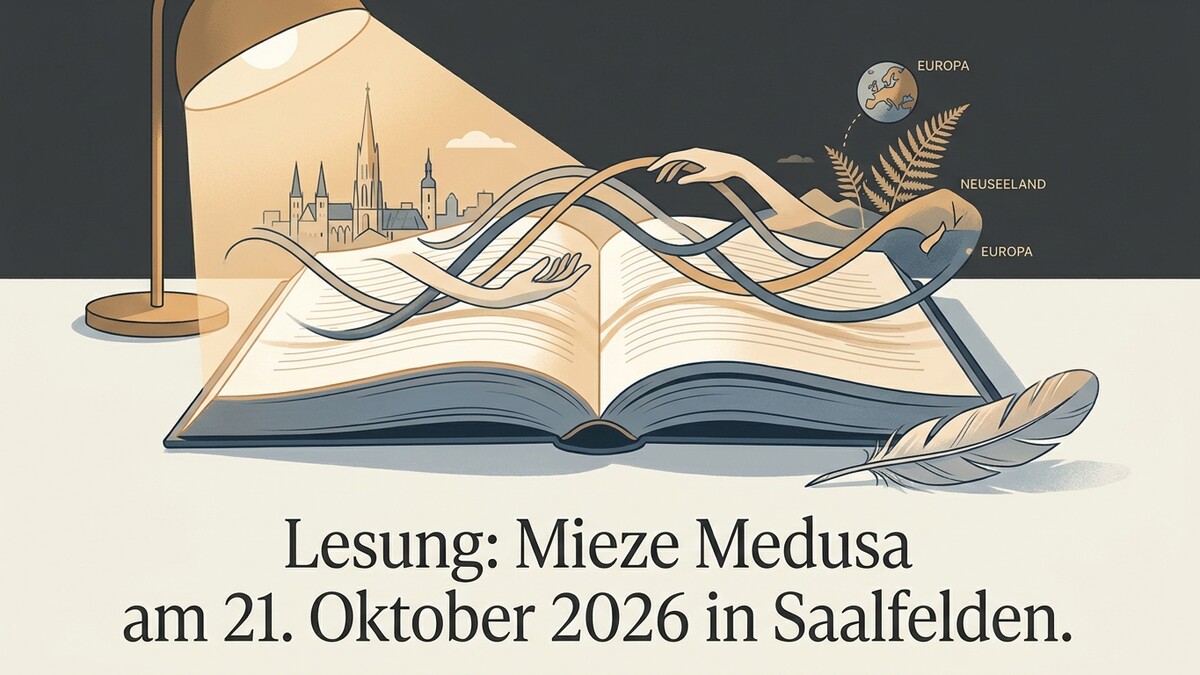 Lesung Mieze Medusa in Saalfelden: Offenes Buch mit Feder, Lampe, Händen und Stadtansicht