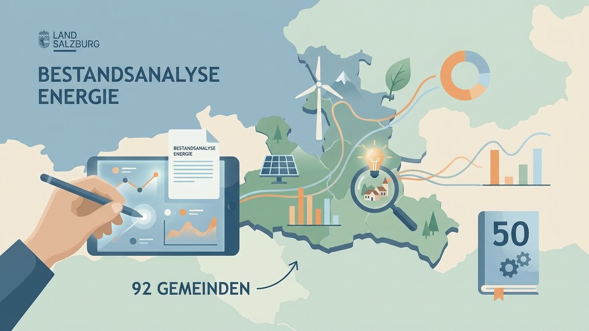 Land Salzburg Bestandsanalyse Energie auf Karte mit Symbolen für erneuerbare Energien und Diagrammen