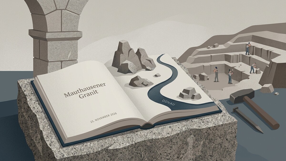 Mauthausener Granit: Ein Buch mit Flusslandschaft und Steinbruch-Szene