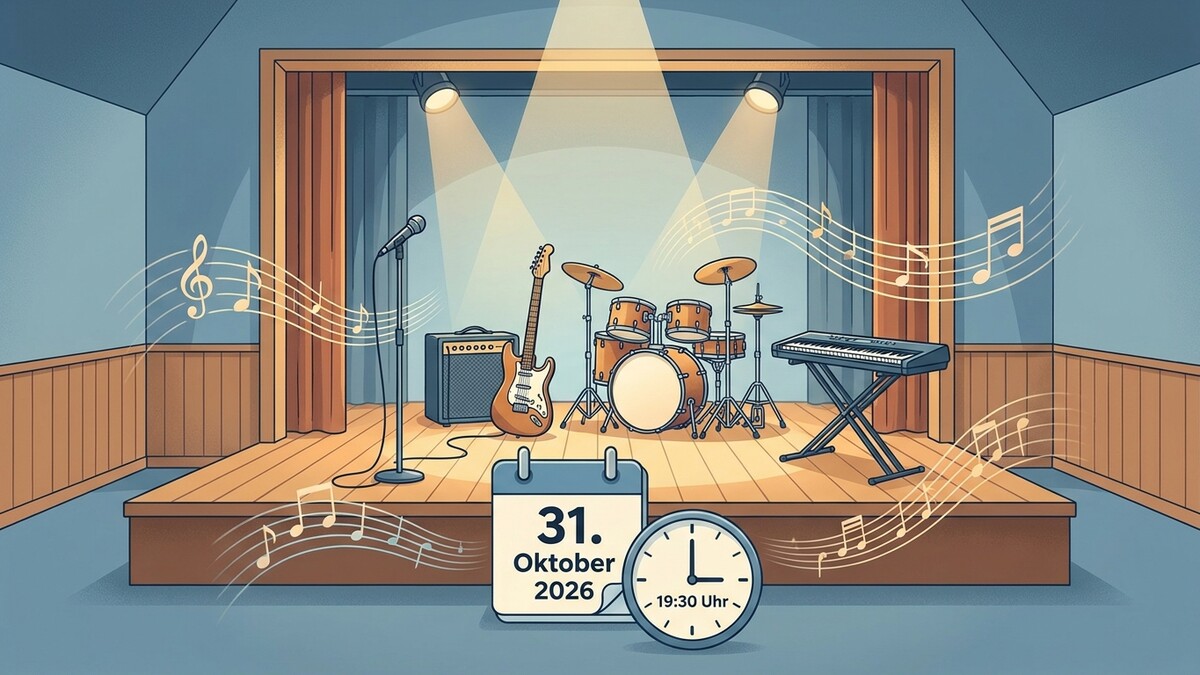Konzertbühne mit Instrumenten, Kalender 31. Oktober 2026 und Uhr 19:30 Uhr