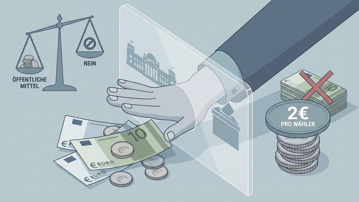 Öffentliche Mittel contra Nein: Waage mit Münzen und Nein-Symbol, Hand reicht durch Glaswand zum Geld.