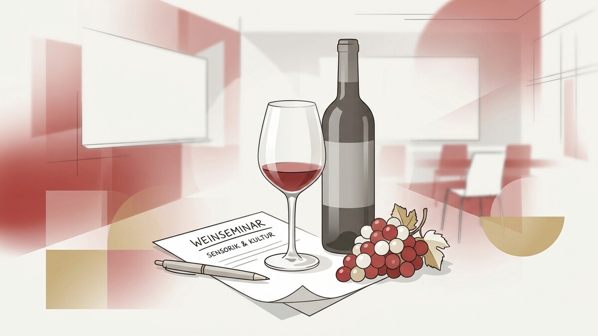 Weinseminar: Glas Rotwein, Flasche, Trauben, Stift und Zettel auf Tisch vor Seminarraum mit Tafel