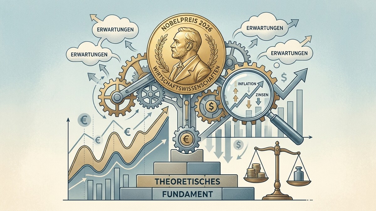 Nobelpreis für Wirtschaftswissenschaften 2026 mit Zahnrädern, Diagrammen und Waage