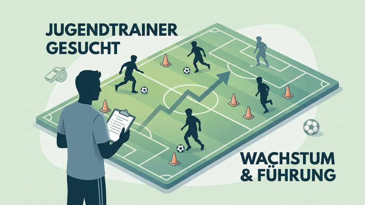 Jugendtrainer gesucht: Fußballtraining mit Wachstumspfeil und Trainer am Spielfeld