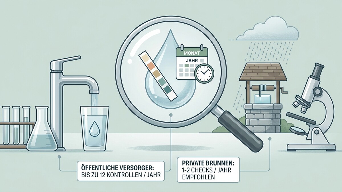 Wasserqualität: Laborgeräte, Wasserhahn, Lupe, Brunnen, Mikroskop und Kalender