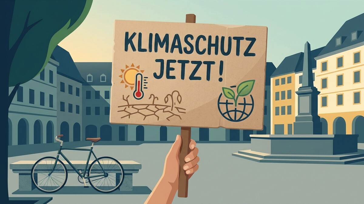 Klimaschutz jetzt! Plakat mit Sonne, Thermometer, vertrockneter Erde und Erde mit Pflanzen