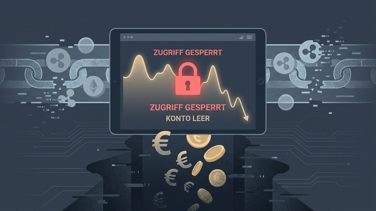 Krypto-Konto leer: Tablet mit rotem Schloss und fallendem Chart, Euro-Münzen fallen.