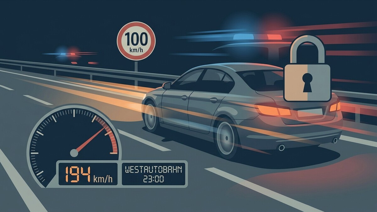 Auto auf Westautobahn mit 194 km/h, Warnlicht und Schloss-Symbol
