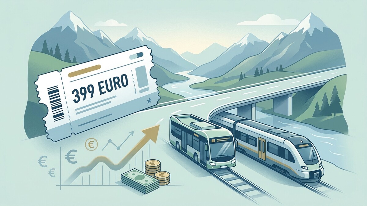 399 Euro Ticket mit Zug und Bus vor Alpenpanorama und steigenden Graphen