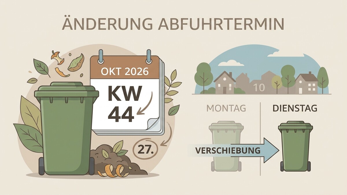 Abfuhrtermin-Änderung: Mülltonne verschoben von Montag auf Dienstag, Kalenderblatt KW 44, 2026