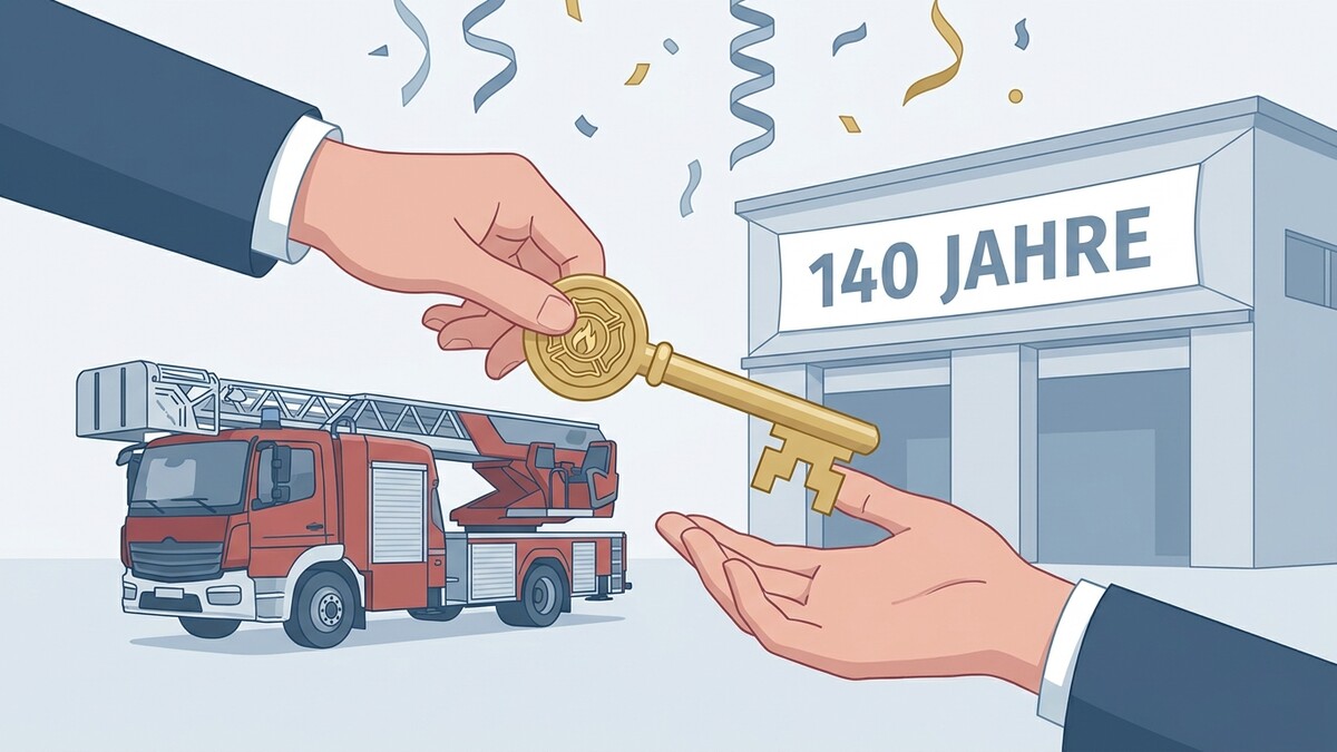 Schlüsselübergabe an eine Feuerwehr mit Drehleiter vor einem Gebäude mit der Aufschrift „140 Jahre“