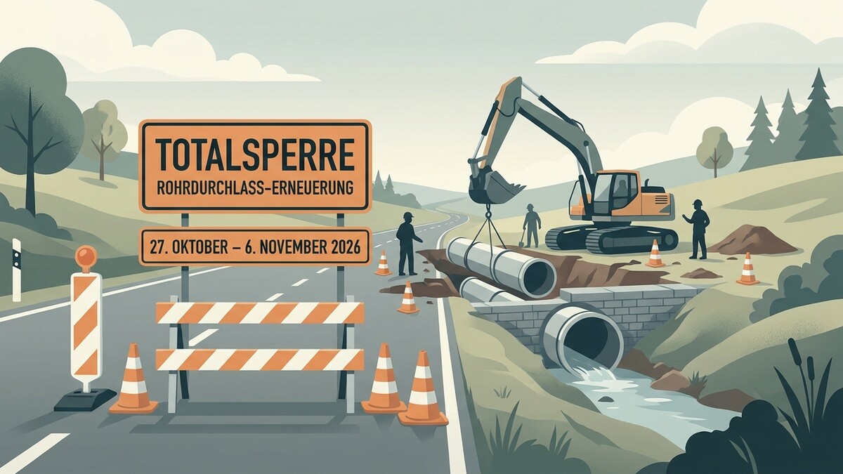 Totalsperre Rohrflansch-Erneuerung: Baustelle mit Bagger, Rohren und Arbeitern