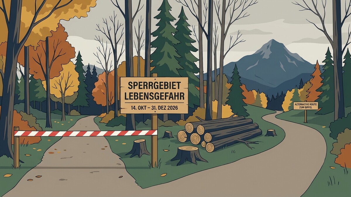 Sperrgebiet Lebensgefahr mit Umleitung zum Gipfel im Herbstwald