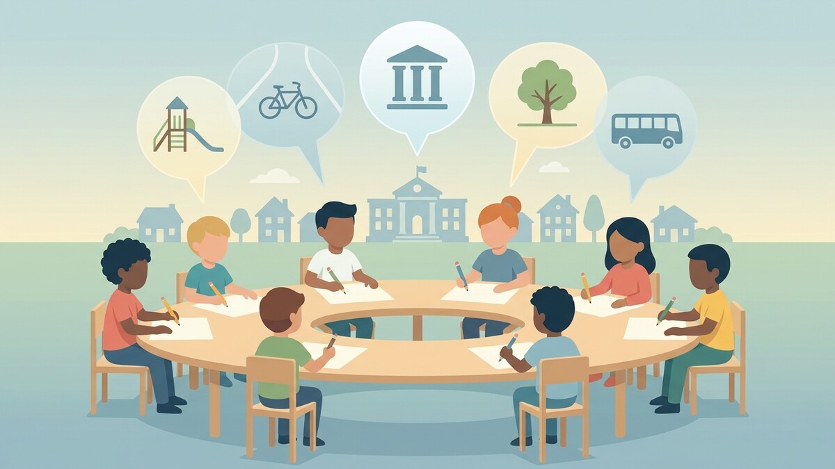 Kinder sitzen an einem runden Tisch und malen, über ihnen Symbole für Spielplatz, Fahrrad, Bank, Baum und Bus.