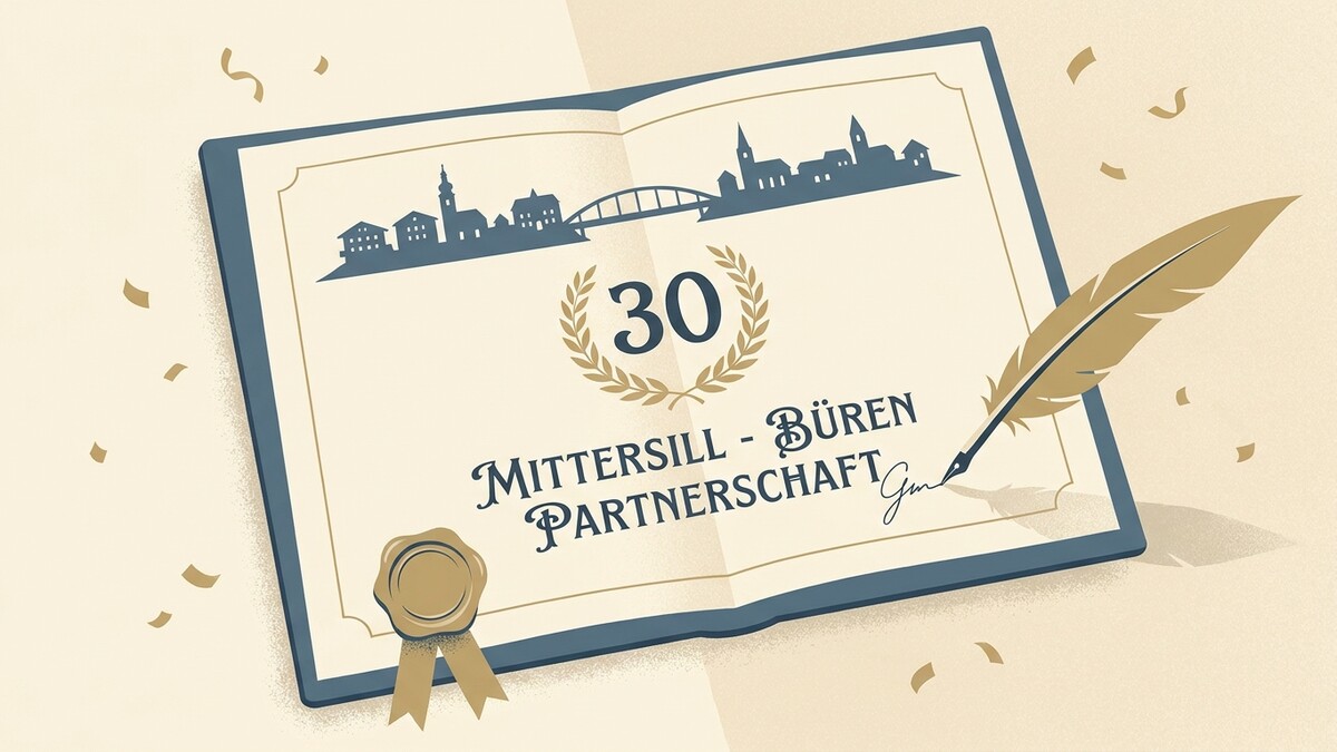 Urkunde 30 Jahre Partnerschaft Mittersill-Büren mit Stadtsilhouette und Feder