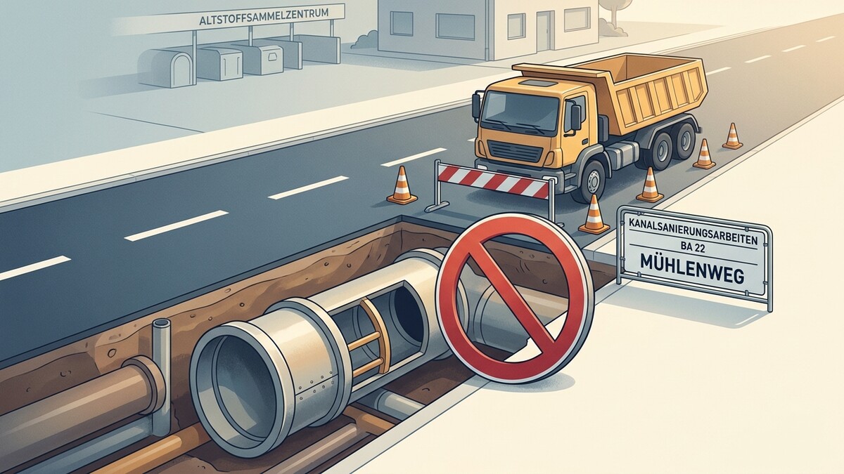 Kanalbauarbeiten Mühlenweg mit Baustellensignalen und Kipplaster